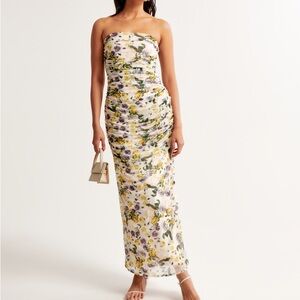 Abercrombie and fitch Mesh Strapless Ruched Maxi Dress